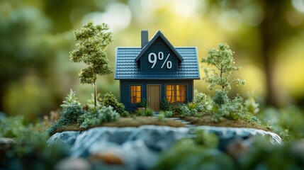 Miniature home with 9% interest rate, nestled in a lush green environment