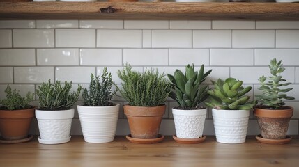 Fototapeta premium Seven potted plants on a wooden shelf against a white tiled wall. A lovely display of indoor greenery, adding a touch of nature to any home.