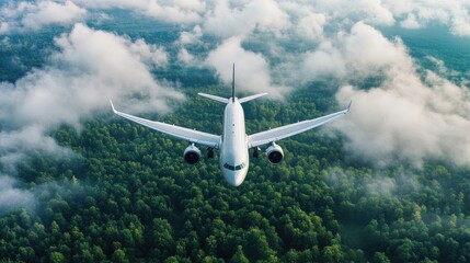 A modern passenger plane soars through a cloud-filled sky.