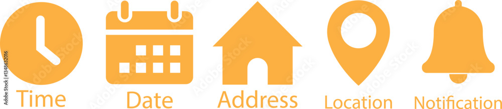 Poster time, date and address yellow flat icons set. event calendar reminder clock business schedule signs,