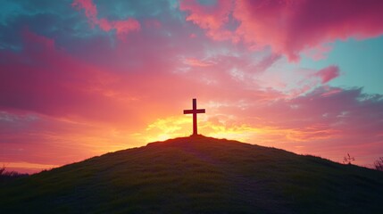 Cross Silhouette on Hilltop Sunset Sky