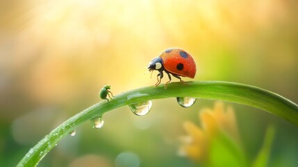 Obraz premium Ladybug and Tiny Insect on Dewy Leaf