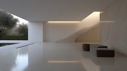 Modern minimalist interior design, featuring a spacious open-plan living area with a pool and garden view, understated elegance, and neutral color palette