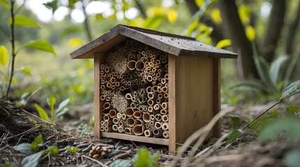 Naklejka premium Insect hotel promoting biodiversity in a natural setting under climate change
