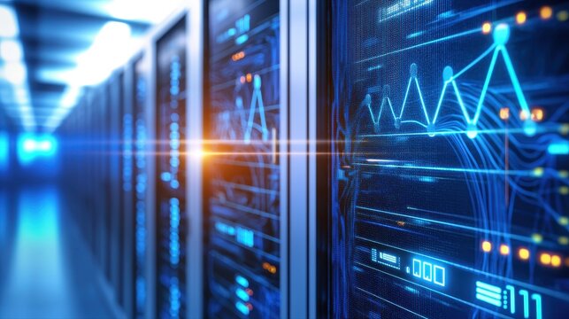 A row of modern server racks inside a high-tech data center with glowing blue graphs showcasing real-time network activity and performance metrics visualizations