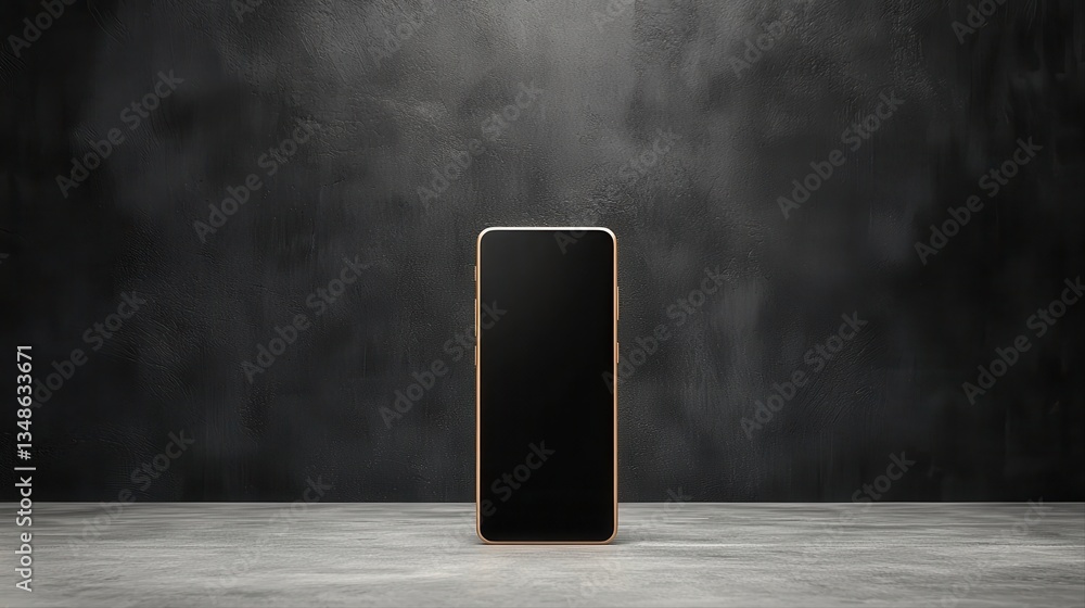 Poster a sleek smartphone with a black screen set upright on a smooth gray surface against a dark and textu