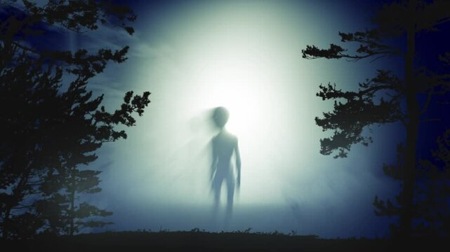 A group of aliens appear in a forest clearing. Animation.