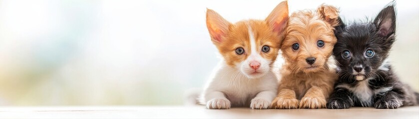 Three adorable puppies huddled together, featu a light orange and white, light brown, and black pup against a softly blurred, light background.
