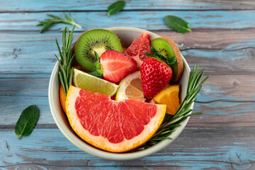 Close-up of assorted fruits in a ceramic bowl, with grapefruit, strawberries, citrus fruits and kiwi on a blue wooden background. Concept of balanced diet and healthy life