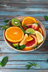 Bowl with slices of orange, lemon, grapefruit, strawberries and kiwi, accompanied by fresh herbs on blue rustic table. Concept of healthy eating and freshness