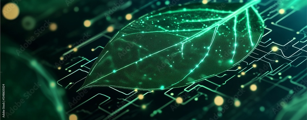 Poster eco-tech fusion: a captivating fusion of nature and technology, where a vibrant green leaf seamlessl
