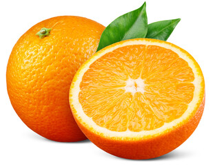 Orange isolated png. Whole orange and a half on transparent background. Orang fruit with leaf no background. Full depth of field. Transparent png