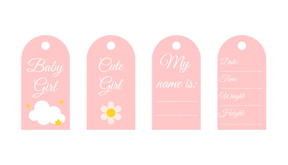 A set of cute tags for a newborn girl in pink color. Vector illustration