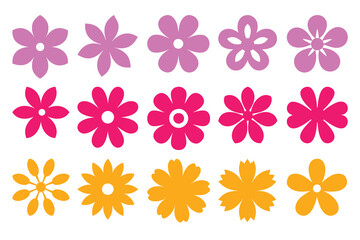 Colorful Flower Heads Grouping, Pink, Magenta, and Yellow, Simplified Shapes Isolated