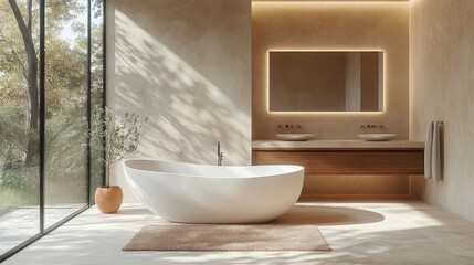 Modern Minimalist Bathroom Design with Freestanding Bathtub and Natural Light