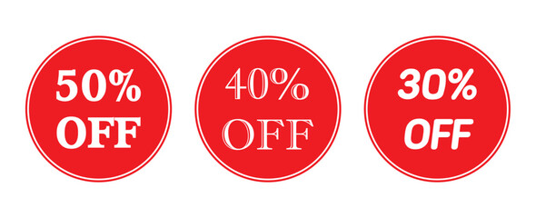 Discount Sale talkers or tags set, 30, 40, 50, percent off. Sale and discount labels red color.