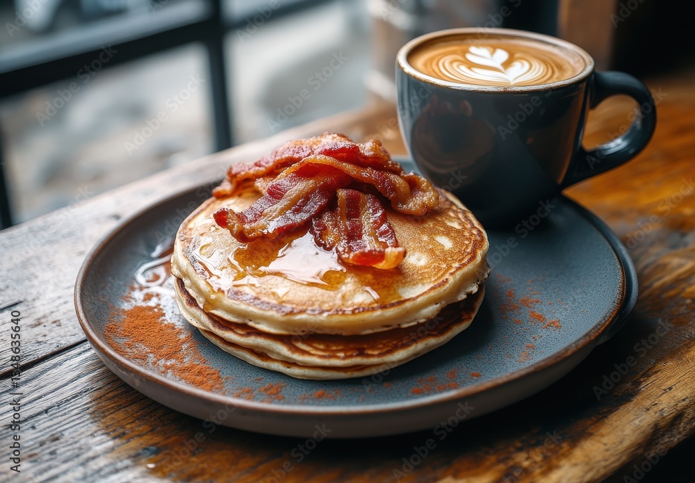 Poster stack of fluffy pancakes topped with crispy bacon and syrup served with latte on rustic wooden table