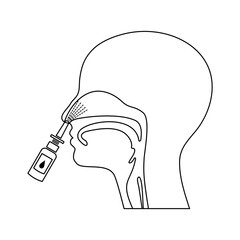 Nasal spray use, spraying to the nose, line art illustration.