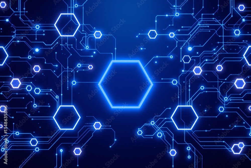 Poster futuristic glowing hexagonal circuit board with blue neon lines on a dark background. concept of dig