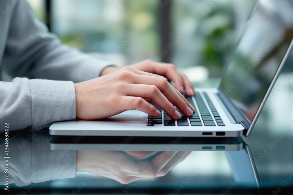 Poster Close-up of hands typing on a laptop keyboard in a modern workspace.