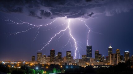 Dramatic lightning storm illuminating an urban skyline during a climate change crisis