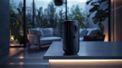 Modern security camera on countertop, patio, evening