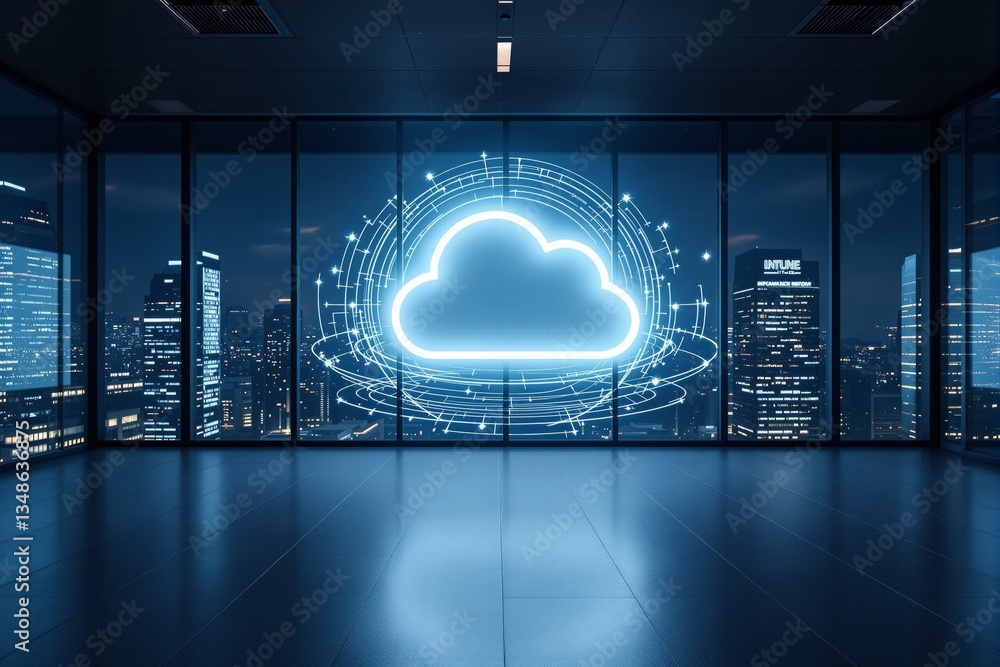 Poster futuristic cloud computing concept in modern office with digital hologram.