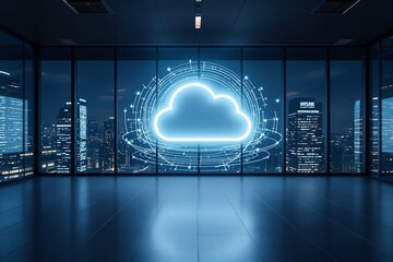 Futuristic cloud computing concept in modern office with digital hologram.