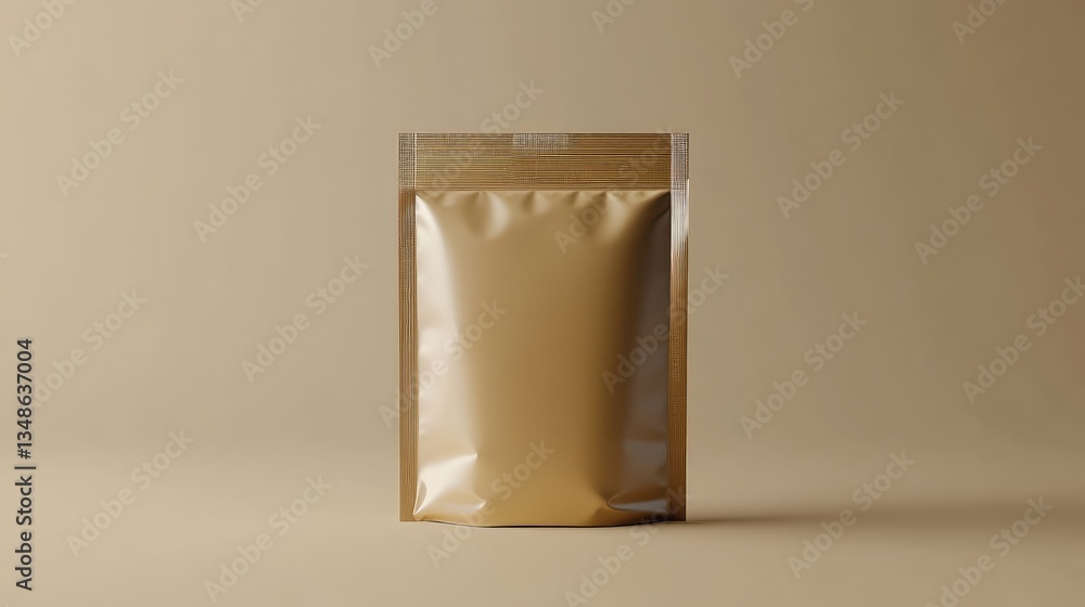 Poster A basic, flat packaging pouch with a simple resealable top, resting on a smooth surface, ideal for custom design and logo placement.