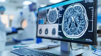 Advanced medical imaging room featuring brain scan display and cutting edge diagnostic equipment