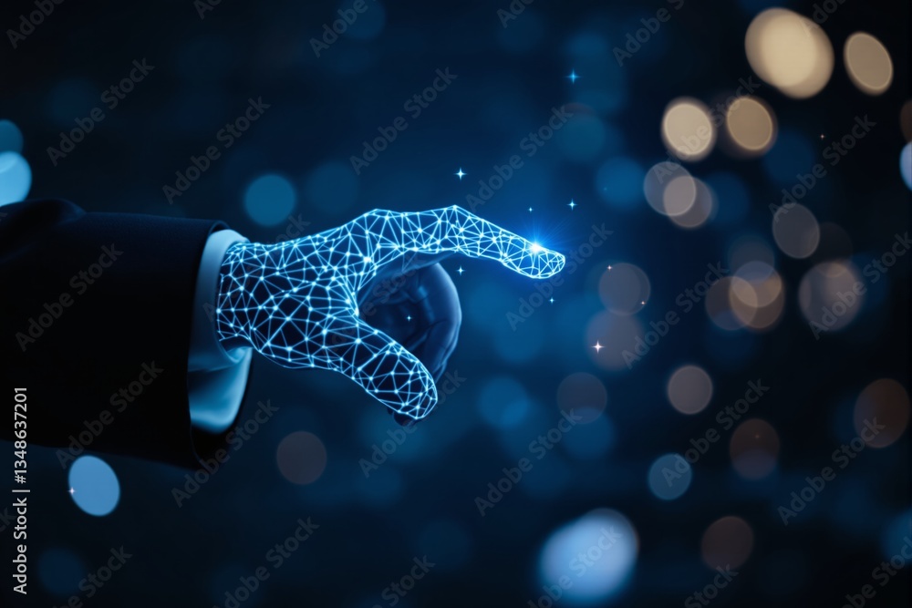 Aufkleber futuristic digital hand with glowing blue polygonal network touching a bright point of light.