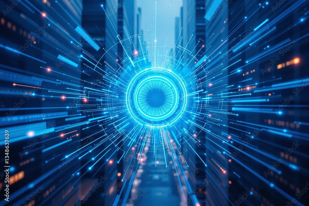 Aufkleber futuristic digital technology concept with glowing blue data vortex in a cityscape.