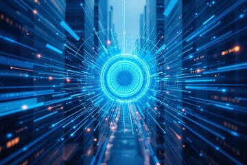 Futuristic digital technology concept with glowing blue data vortex in a cityscape.