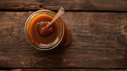 Top-down view of a jar of dulce de leche with a spoon, resting on a wooden table with sauce around the jar