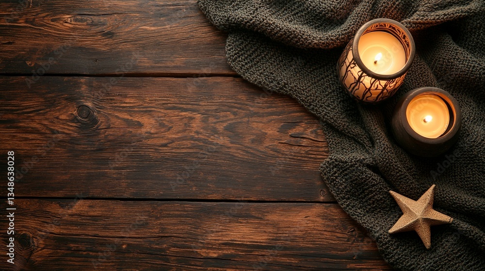 Poster cozy rustic wooden surface with warm candlelight soft shadows and a knitted blanket creating a tranq