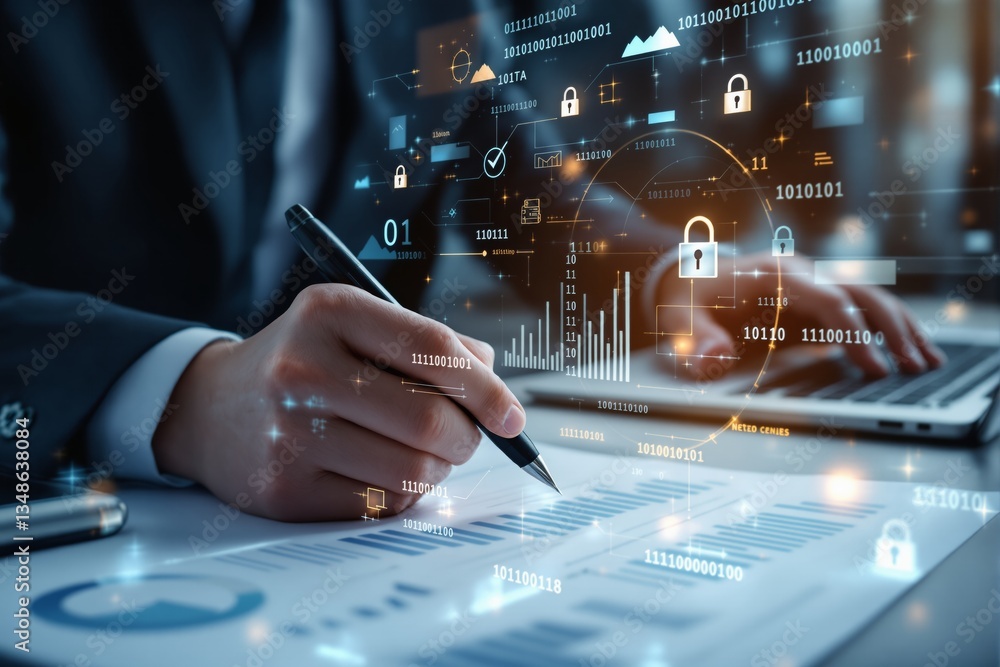 Leinwandbilder business professional analyzing data with cybersecurity digital interface.