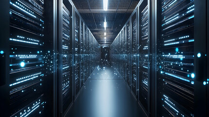 Server room interior with modern data centers and glowing light effects