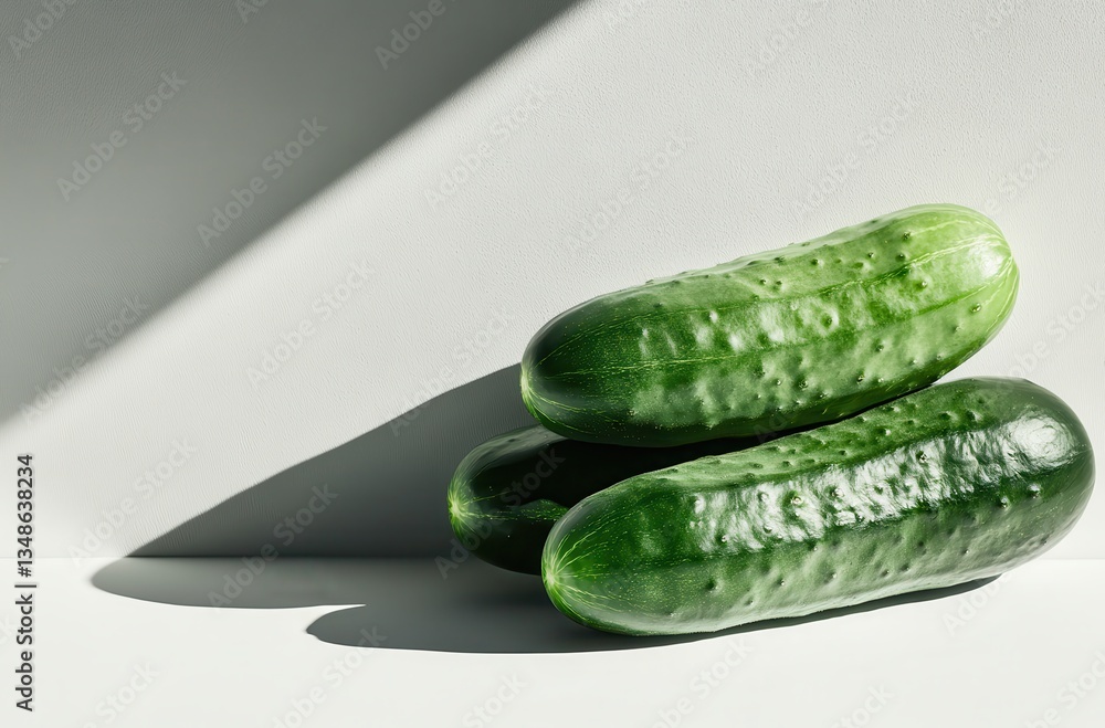 Poster Three Fresh Cucumbers on a Light Background with Soft Shadows, Showcasing Natural Textures and Vibrant Green Color in Minimalistic Style