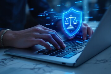 Digital law and cybersecurity concept with glowing legal scale icon.