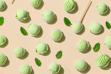 Mint ice cream scoops with mint petals on light background. Minimalist composition for food-related desserts design, advertising and branding