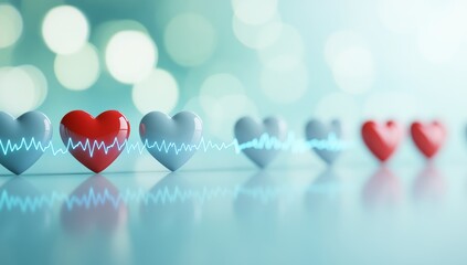 Healthy hearts connected by a heartbeat rhythm