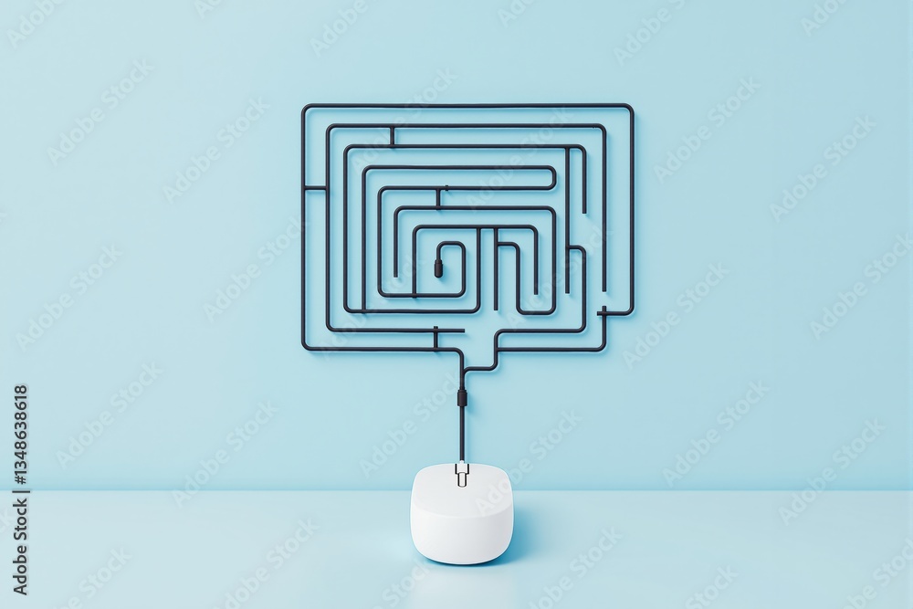 Poster computer mouse connected to a maze-like cable on a blue background.
