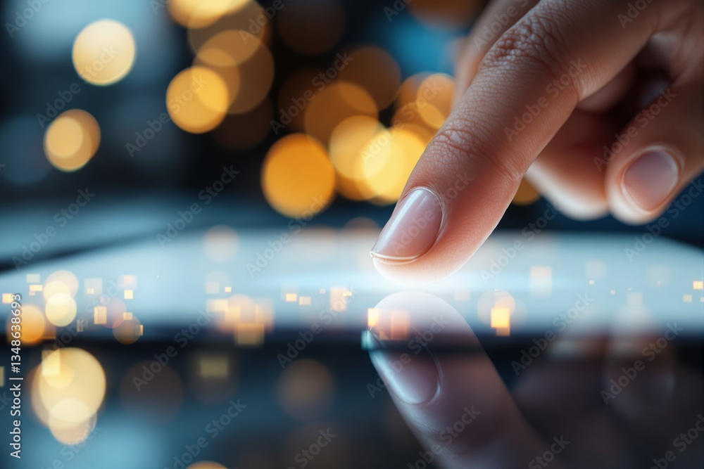 Poster Close-up of a finger touching a digital touchscreen with glowing futuristic interface elements.