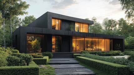 Contemporary Minimalist Black Building with Geometric Design and Lush Landscaping at Dusk in Urban Setting