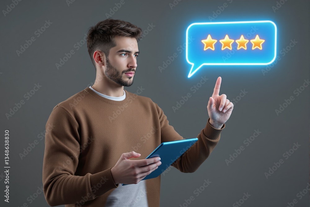 Poster Man using tablet interacting with floating five-star rating symbol.