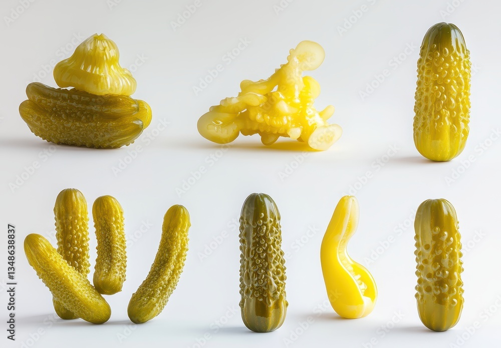 Aufkleber unique collection of artistic yellow pickles in various forms and textures on light background for c