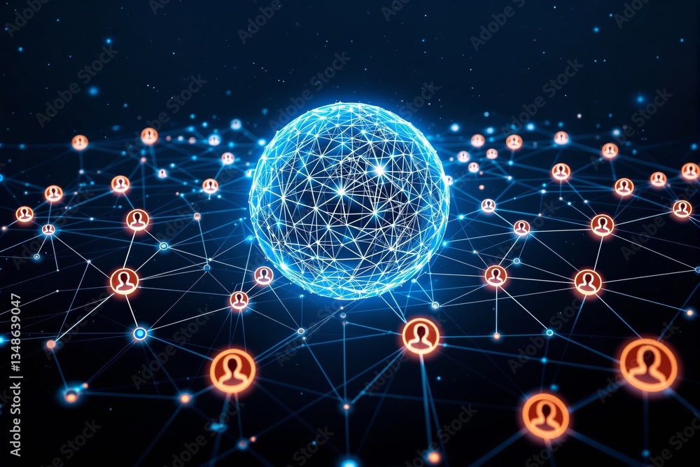 Poster Digital global network with glowing sphere and connected user icons.