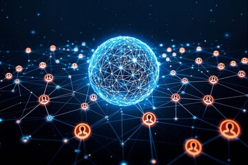 Digital global network with glowing sphere and connected user icons.