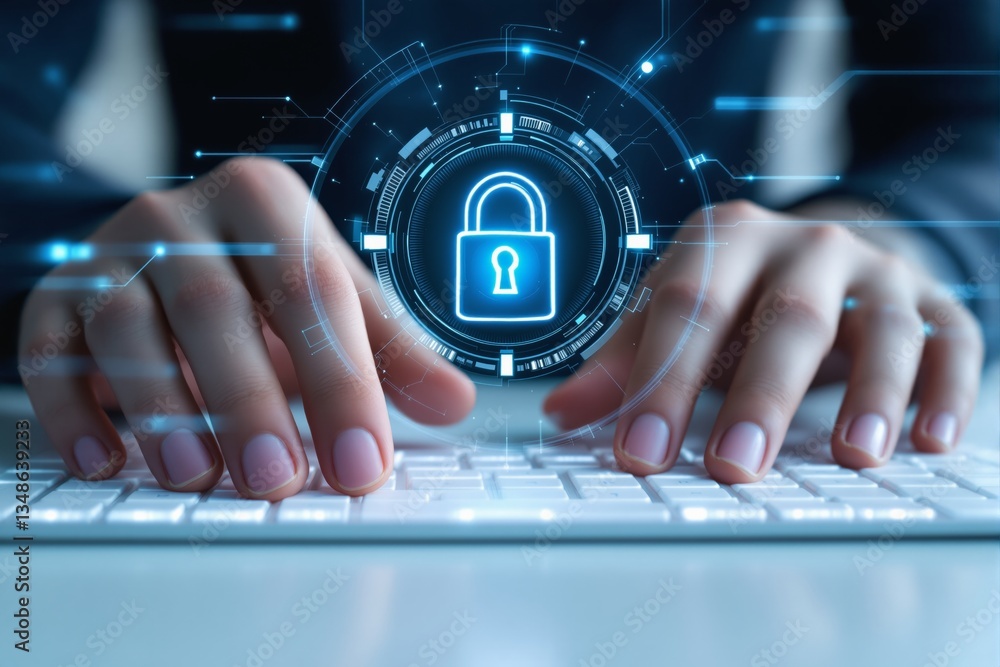 Poster cybersecurity concept with hands typing on keyboard and digital lock hologram.