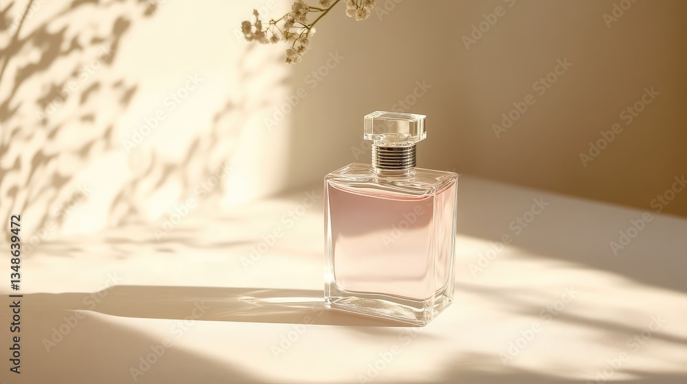 Poster a clear glass perfume bottle with an empty space for a custom label, set on a light-colored surface 